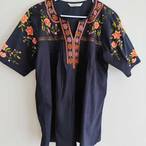 Wayward Fancies eShakti Floral Embroidered Pintuck Top Tunic Boho Peasant Cottag - Picture 2 of 14